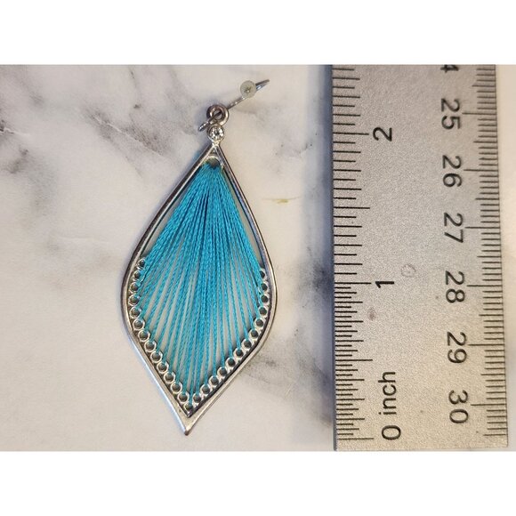 Silver & Blue Teardrop Thread Dangle Earrings Boho Chic Jewelry - Picture 3 of 5